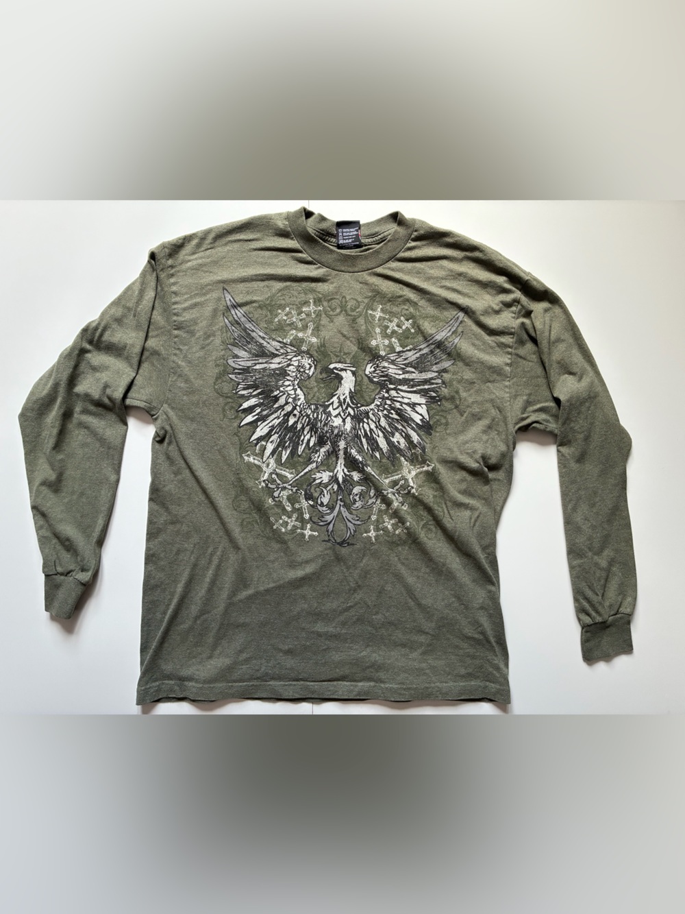 Y2K Mens Top Heavy Long Sleeve T-Shirt Green XL Eagle Graphic